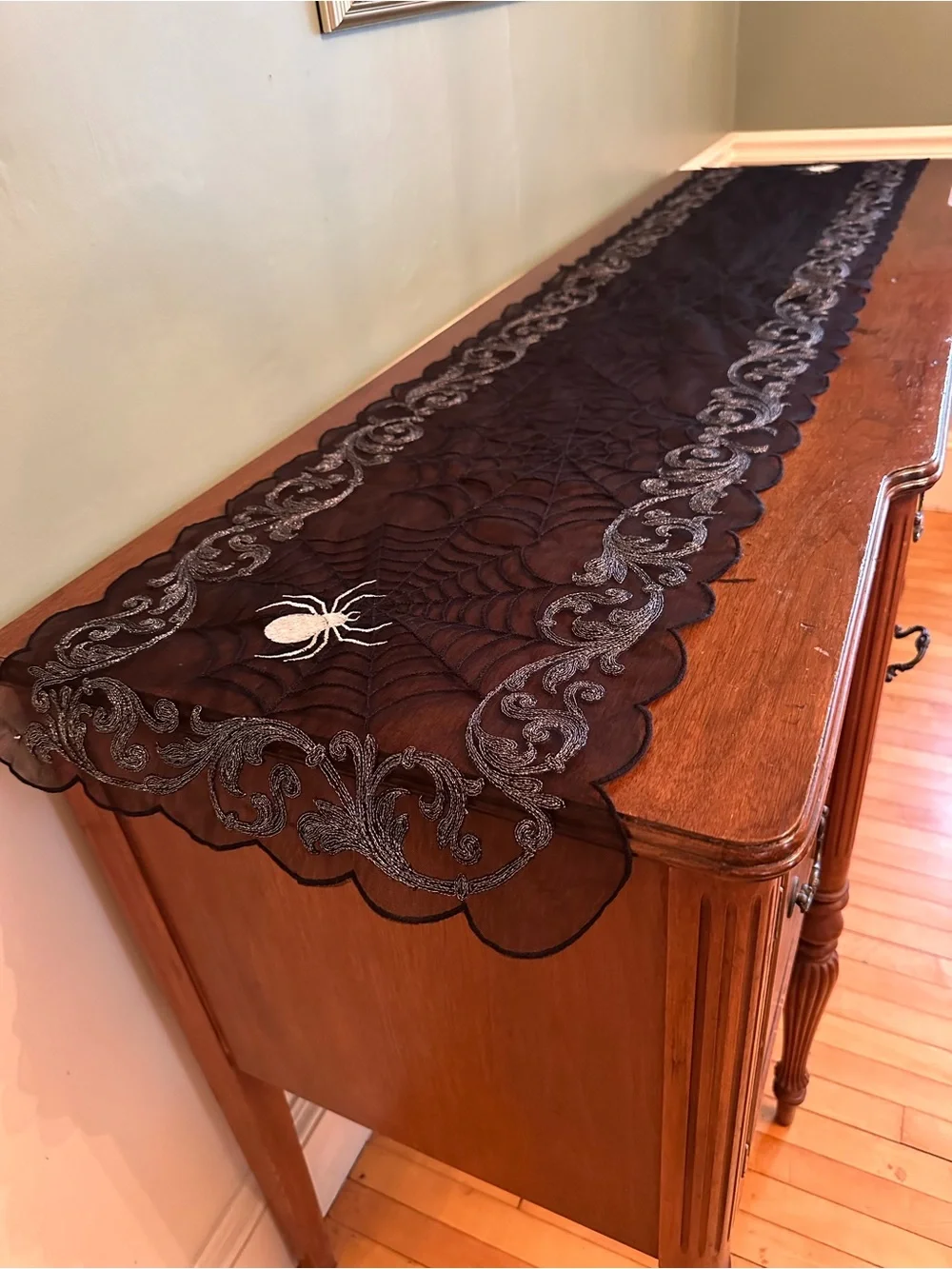 Black Lace Spider Web Table Runner with Silver Embroidery, Halloween, NWT